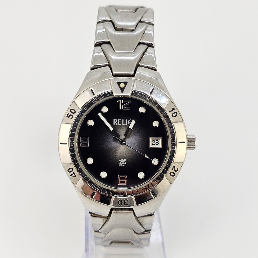 Relic Analog Watch Men 40MM Black Dial Date Gray Bracelet Band 7.5"‎ New Battery